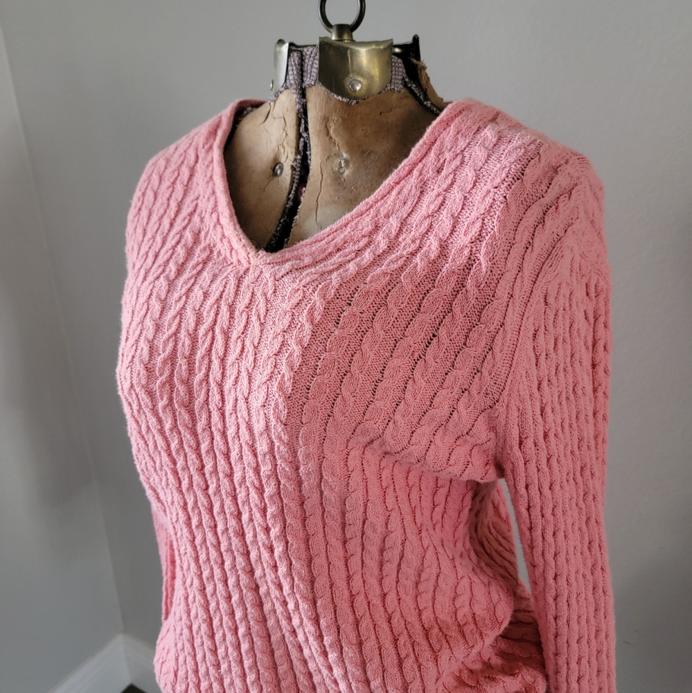 Talbots Soft Coral Pink V Neck Cable Knit Sweater Size Small
